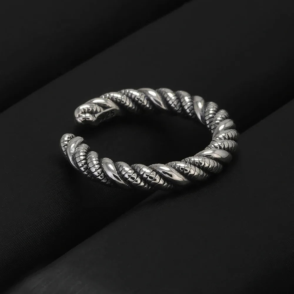 925 Sterling Silver Twisted Ring for Women Men Adjustable Braided Twist Rope Rings Simple Retro Fashion Handmade Party Jewelry