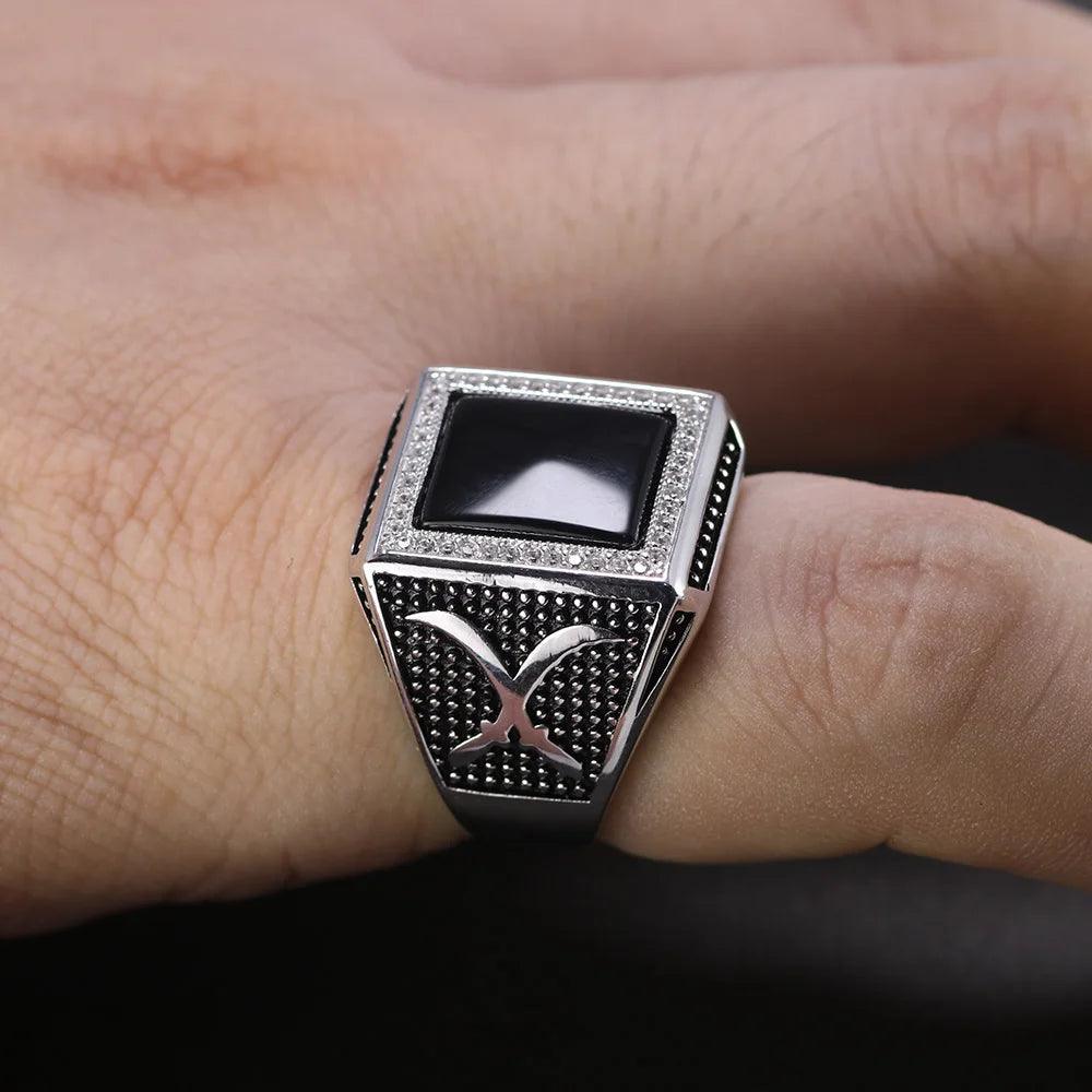 Real Solid 925 Sterling Silver Rings for Man with Stones Black Natural Onyx Micro Paved Cubic Zircon Cross Broadsword Pattern - GQTORCH Jewelry