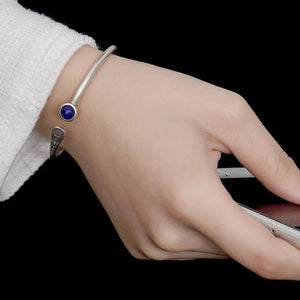 Real 925 Sterling Silver Women Cuff Bracelets Bangle Fish Engraved Natural Lapis Inlaid Tibetan Buddhism Jewelry - GQTORCH Jewelry