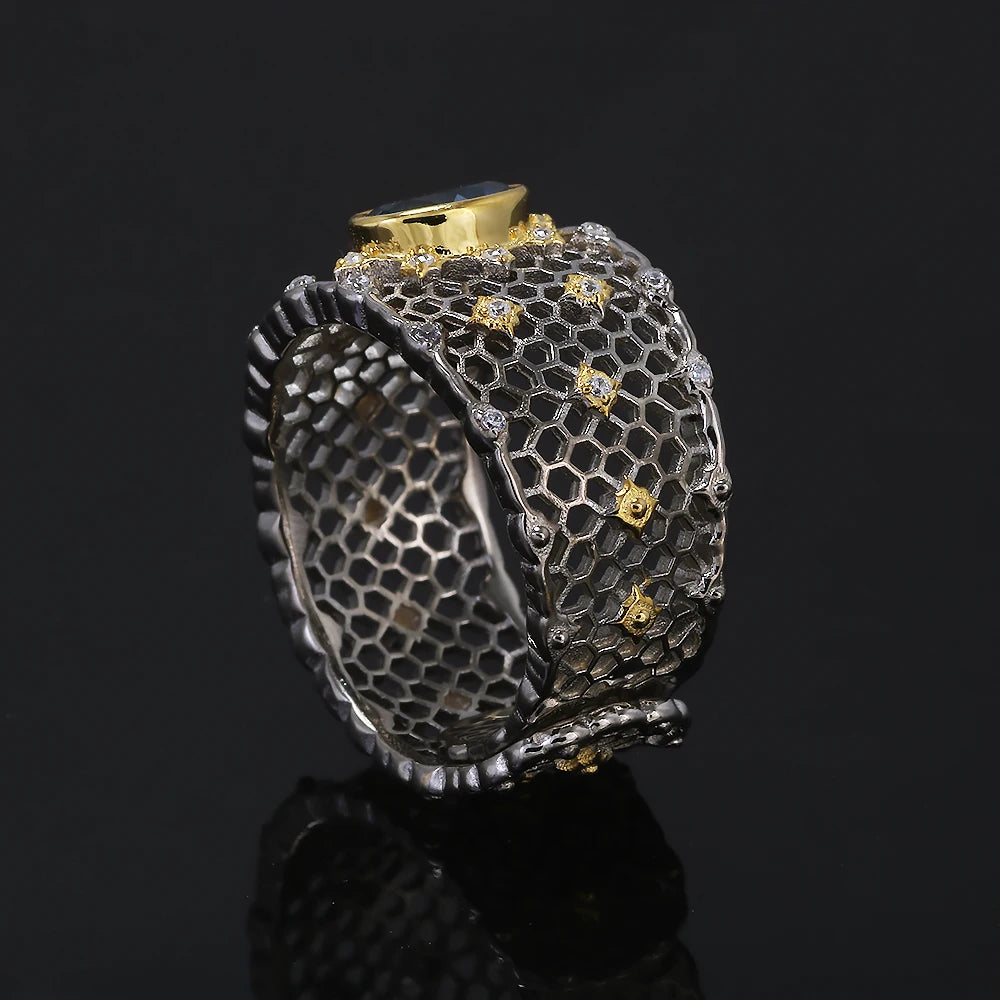 925 Sterling Silver Topaz Stone Women's Wedding Ring Wide Adjustable Hollow Out Luxury Royal Style Vintage Fashion Jewelry