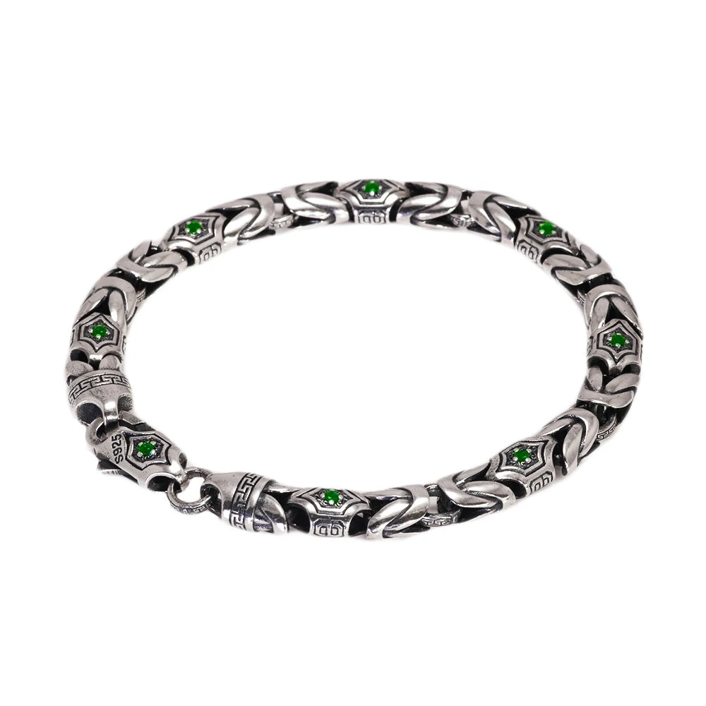 Real Pure 925 Sterling Silver 7mm Peace Pattern Bracelet for Men's Vintage Punk Set Zircon Armband Jewelry Best Gift