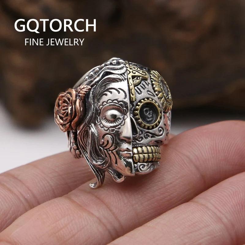 Real Pure 925 Sterling Silver Half Face Sugar Skull Ring With Rose Flower Carving Vintage Punk Thai Silver Jewelry Personality - GQTORCH Jewelry