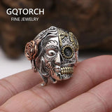 Real Pure 925 Sterling Silver Half Face Sugar Skull Ring With Rose Flower Carving Vintage Punk Thai Silver Jewelry Personality - GQTORCH Jewelry