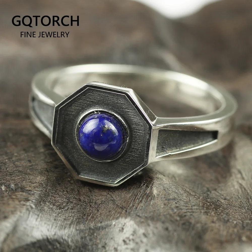 Original Design 925 Sterling Silver Rings For Men and women With Natural Lapis Lazuli Stone Hexagon Shaped Elegant Jewelry Ring - GQTORCH Jewelry