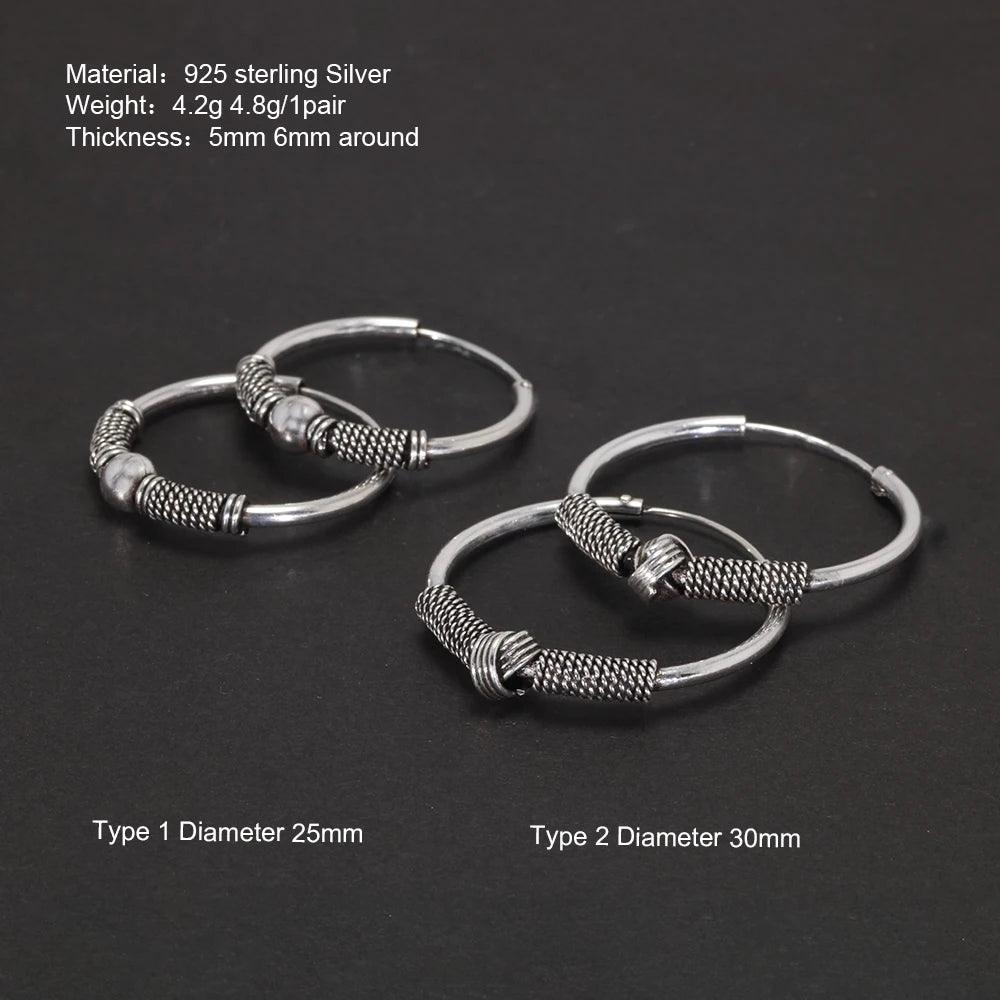 Real 925 Sterling Silver Hoop Earrings Antique Thai Silver Round Circle Hip Hop Punk Gothic Jewelry Party Gift - GQTORCH Jewelry