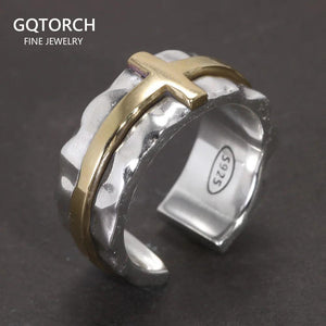 S925 Sterling Silver Thai Silver Ring Vintage Men's and Women's Wide Cross Ring Opening Adjustable Jewelry - GQTORCH Jewelry