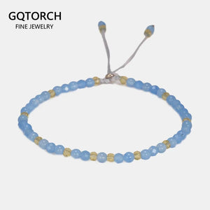 Small Beads Bracelets For Women Handmade Sea Blue Natural Stone 925 Sterling Silver Friendship Adjustable Beaded String - GQTORCH Jewelry