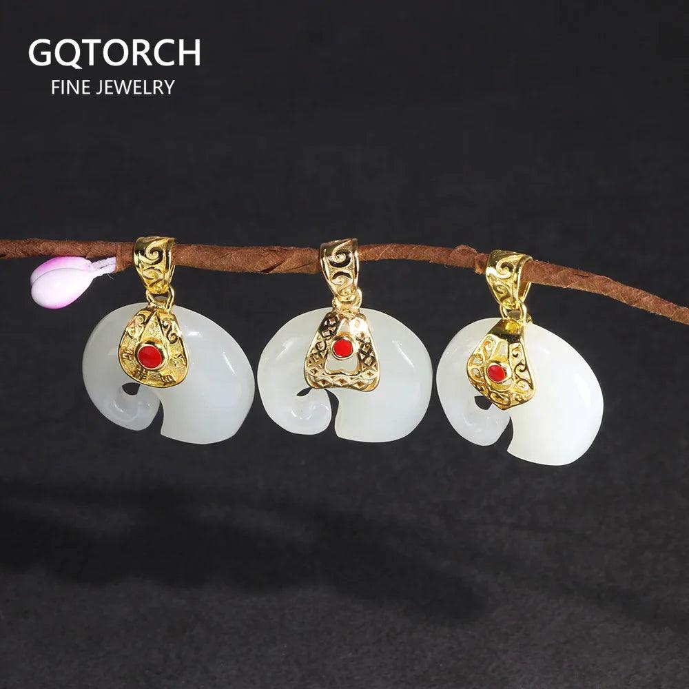 Natural Stone White Jade Elephant Pendant Gold Plated Real Silver 925 Jewelry For Women Personalized Necklace Jewelry Making - GQTORCH Jewelry