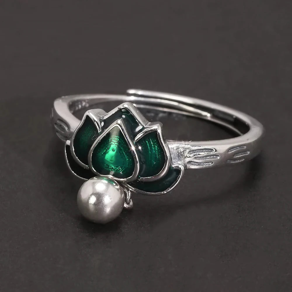 925 Sterling Silver Green Lotus Ring Earrings with Dangle Bead Enameled Women's Vintage Fashion Elegant Jewelry Set