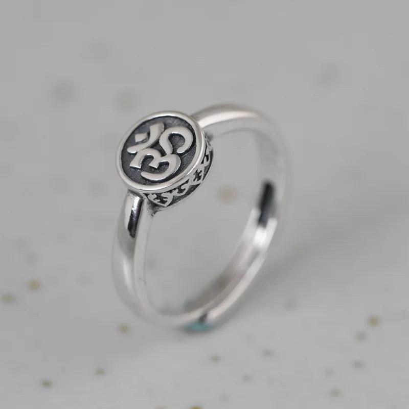 Real 925 Sterling Silver Mantra OM Ring for Men and Women Matte & Polished Opening Type Resizable Buddhism Jewelry - GQTORCH Jewelry