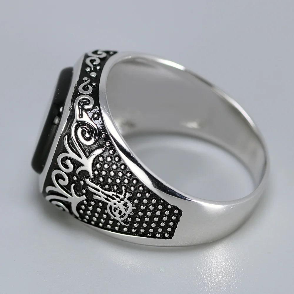 Vintage Punk Silver 925 Jewelry Square Black Stone Rings For Men Engraved Retro Flowers Turkish Signet Man Rings - GQTORCH Jewelry