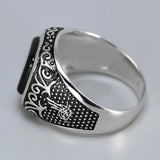 Vintage Punk Silver 925 Jewelry Square Black Stone Rings For Men Engraved Retro Flowers Turkish Signet Man Rings - GQTORCH Jewelry
