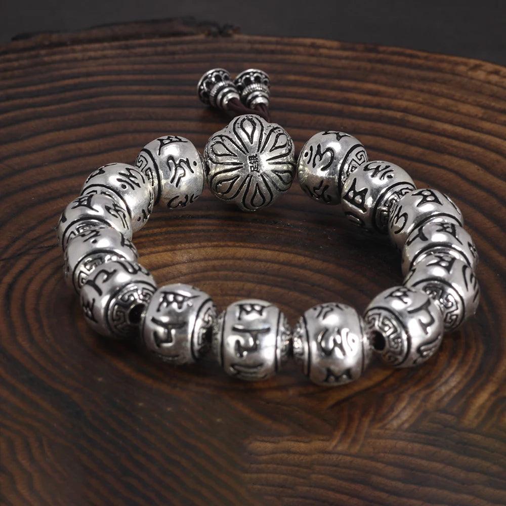 Genuine 990 Silver Buddhist Bracelet Men's Rosary Beads Engraved with Six Words Om Mani Padme Hum Prayer Bungee - GQTORCH Jewelry