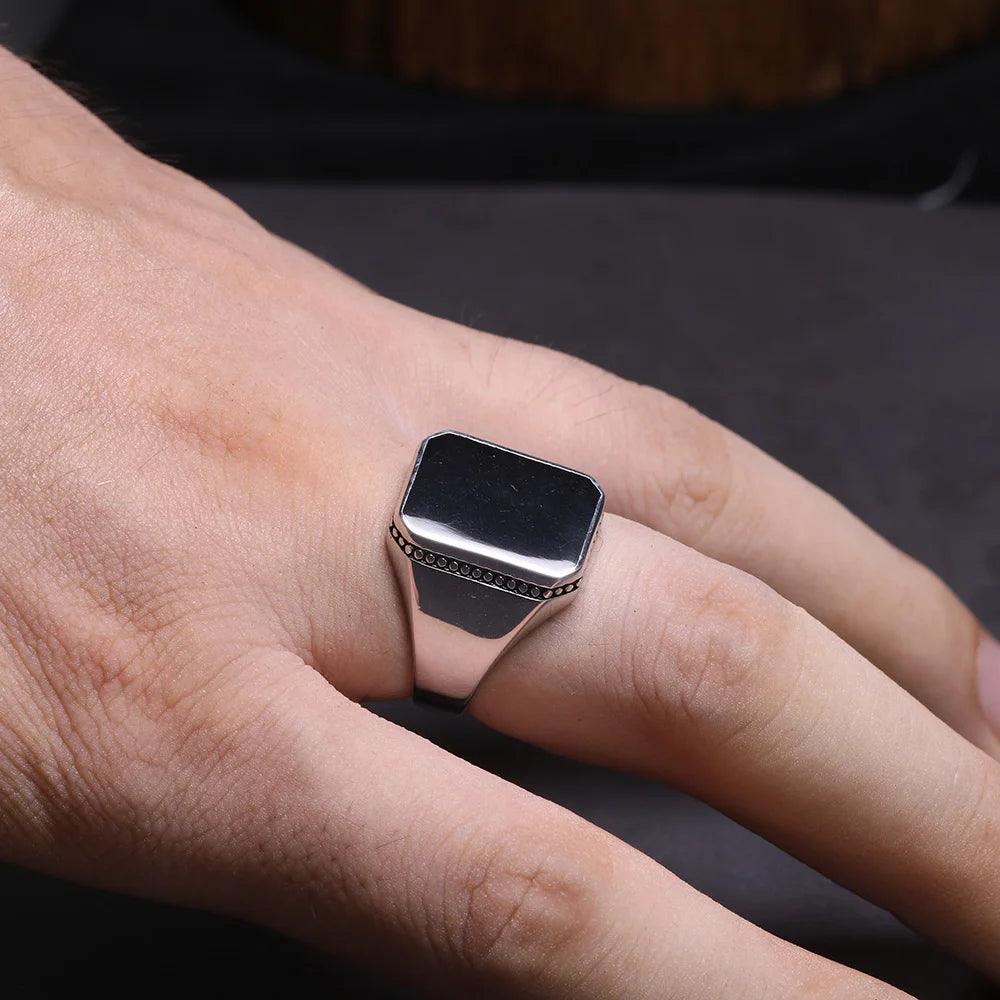 Real Solid 925 Sterling Silver Ring Simple For Men With Black Square Flat Gel Stone High Polishing Middle East Turkish Jewelry - GQTORCH Jewelry
