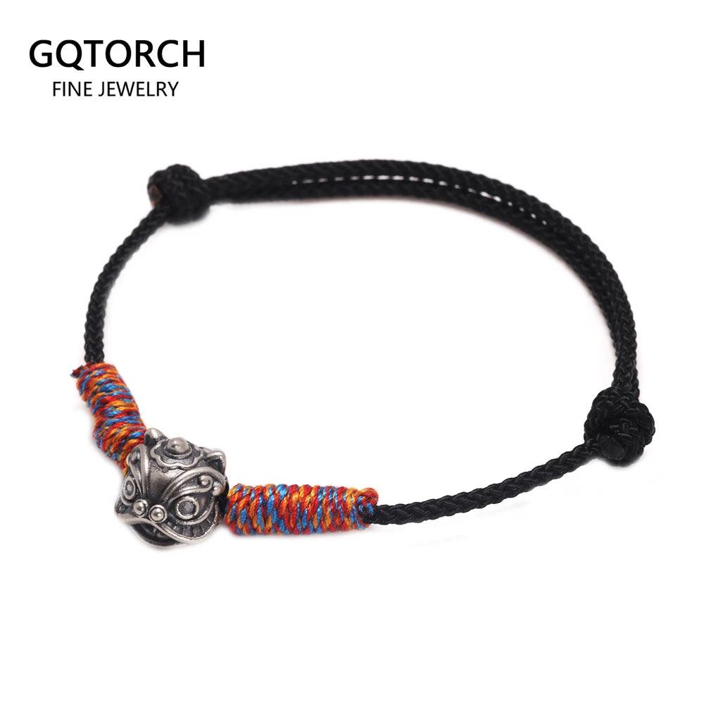 S999 Sterling Silver Lion Handmade Braid Rope Colorful Bracelet for Men and Women Good Luck Retro Animal Jewelry Gift - GQTORCH Jewelry