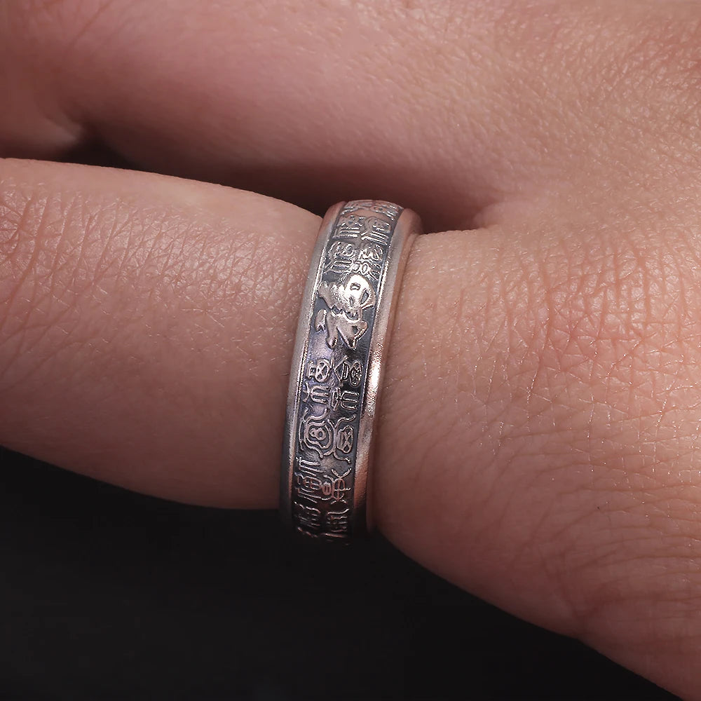 999 Pure Silver Feng Shui Good Luck Ring for Women Men Chinese Calligraphy Character Fu Blessing Adjustable Vintage Jewelry