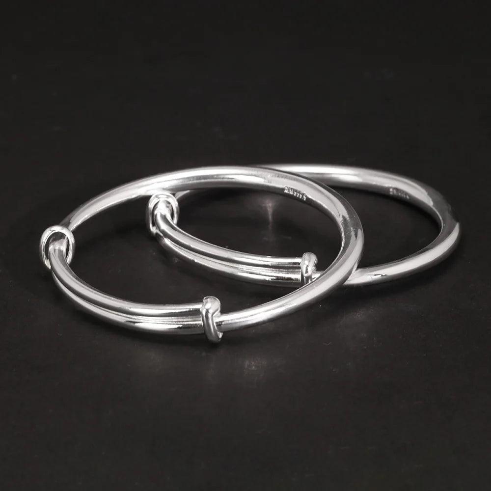 Solid 999 Sterling Silver Simple Push-pull Bracelet Women and Kids Smooth Minimalist Jewelry First Birthday Gift - GQTORCH Jewelry