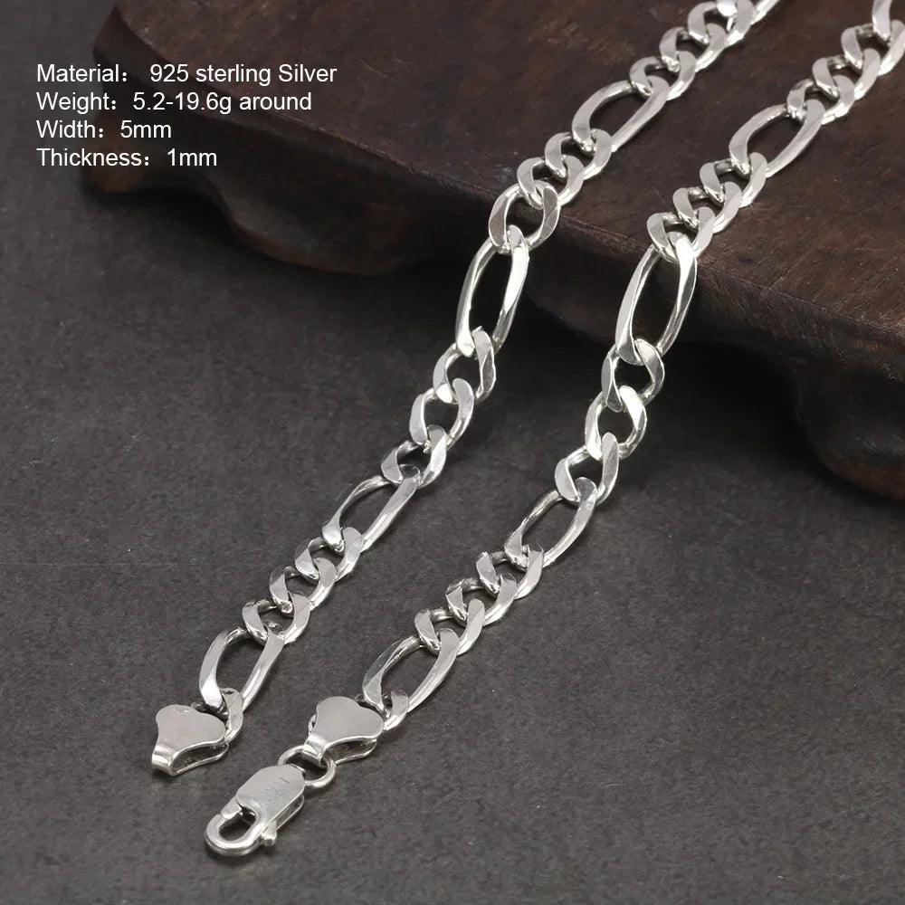 Real 925 Sterling Silver Italian 5mm Diamond-Cut Figaro Chain Bracelet Necklace For Women Men Classic Handmade Jewelry - GQTORCH Jewelry