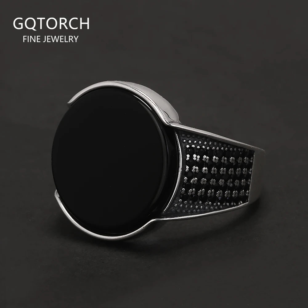 925 Sterling Silver Round Black Onyx Stone Signet Ring for Men Classic Turkish Rings Retro Fashion Punk Wedding Party Jewelry