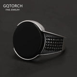 925 Sterling Silver Round Black Onyx Stone Signet Ring for Men Classic Turkish Rings Retro Fashion Punk Wedding Party Jewelry