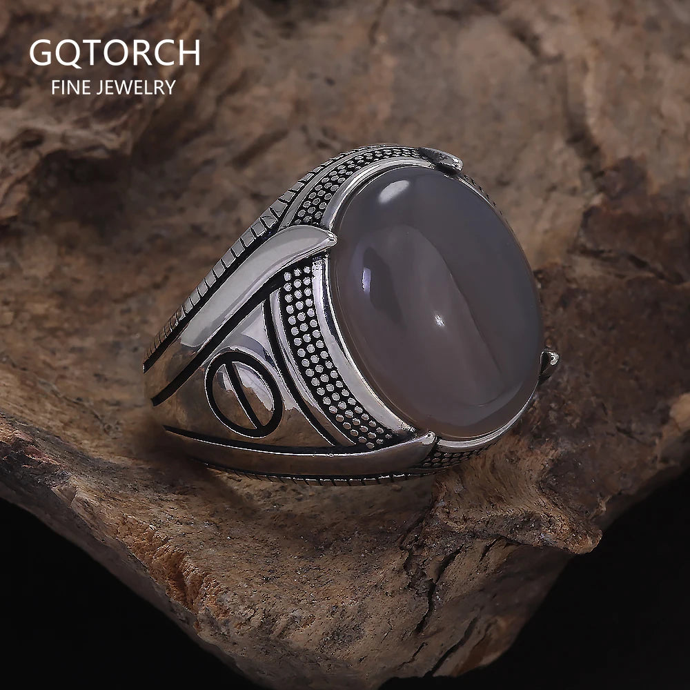 S925 Sterling Silver Agate Signet Ring for Men Turkish Wedding Ring Vintage Retro Fashion Motor Biker Party Jewelry