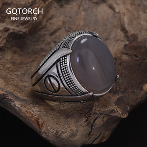 S925 Sterling Silver Agate Signet Ring for Men Turkish Wedding Ring Vintage Retro Fashion Motor Biker Party Jewelry