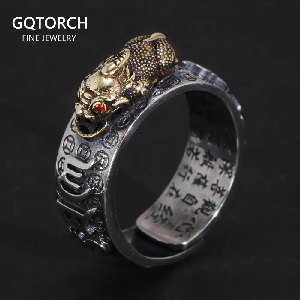 Vintage Pure Silver 999 Six Words Heart Sutra Ring Men's Adjustable Golden Pixiu Vajra Buddhist Religious Fine Jewelry