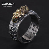 Vintage Pure Silver 999 Six Words Heart Sutra Ring Men's Adjustable Golden Pixiu Vajra Buddhist Religious Fine Jewelry