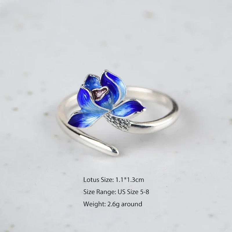 Real 925 Sterling Silver Lotus Open Rings for Women Enameling Flower Finger Ring Resizable Fine Jewelry - GQTORCH Jewelry