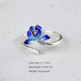 Real 925 Sterling Silver Lotus Open Rings for Women Enameling Flower Finger Ring Resizable Fine Jewelry - GQTORCH Jewelry