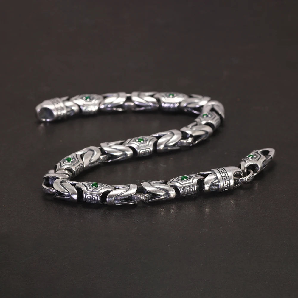 Real Pure 925 Sterling Silver 7mm Peace Pattern Bracelet for Men's Vintage Punk Set Zircon Armband Jewelry Best Gift