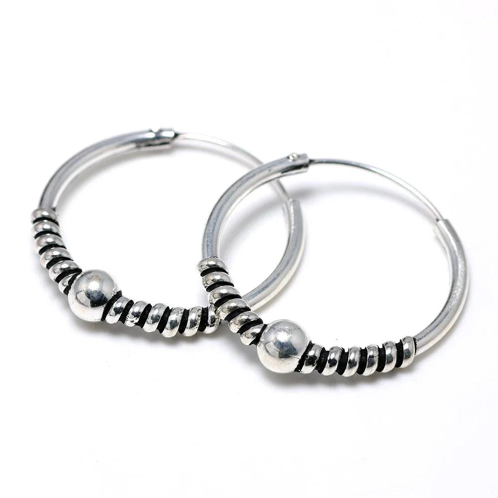 Real 925 Sterling Silver Round Earrings Fashion Hoop Circle Earrings With Coils Beads Handmade Jewelry Accessories - GQTORCH Jewelry