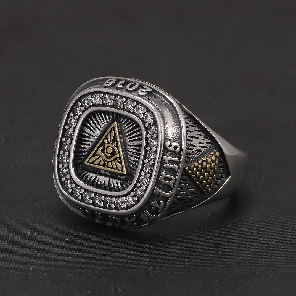 925 Sterling Silver Retro Eye of Providence Signet Ring for Men All Seeing Eyes Rings Punk Fashion Protective Jewelry