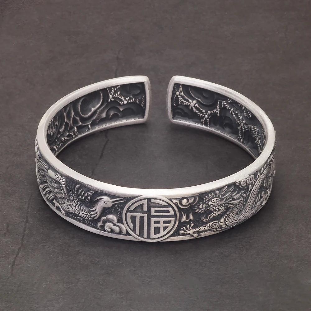 999 Pure Silver Dragon Phoenix Blessing Open Cuff Bracelet Retro Men‘s Bangle Vintage Chinese Auspicious Feng Shui Luck Jewelry - GQTORCH Jewelry