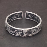 999 Pure Silver Dragon Phoenix Blessing Open Cuff Bracelet Retro Men‘s Bangle Vintage Chinese Auspicious Feng Shui Luck Jewelry - GQTORCH Jewelry