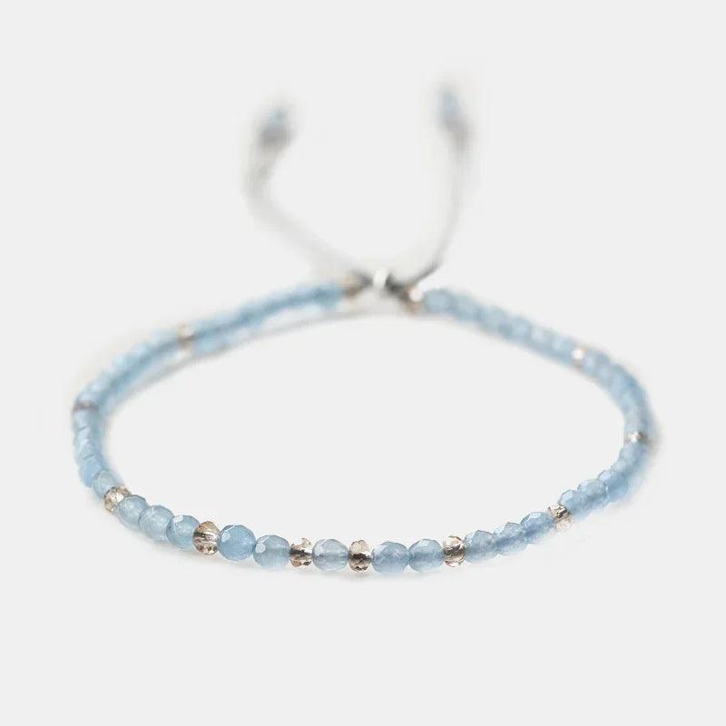 Small Beads Bracelets For Women Handmade Sea Blue Natural Stone 925 Sterling Silver Friendship Adjustable Beaded String - GQTORCH Jewelry