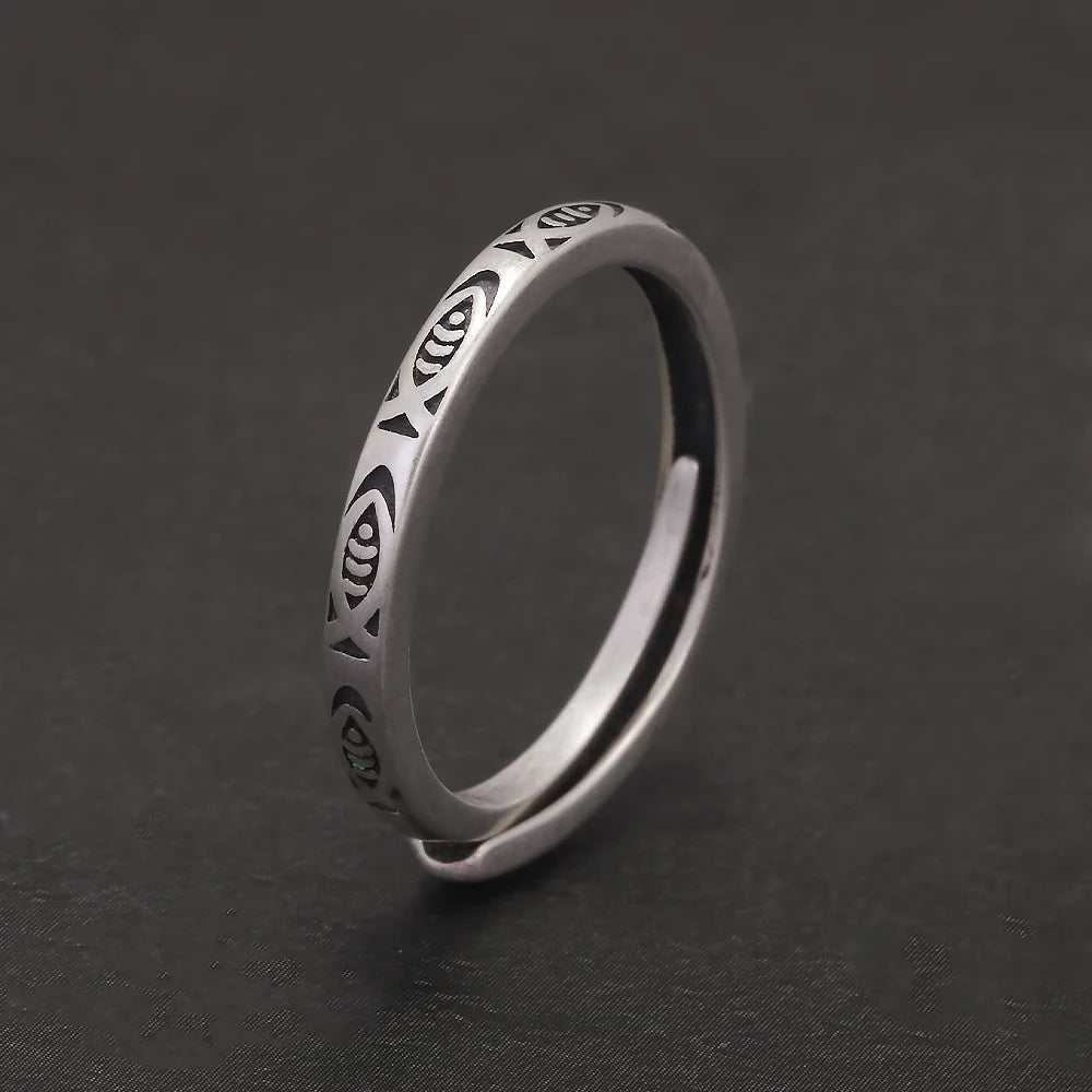S925 Sterling Silver Fish Ring for Women Girl Adjustable 2mm Ethnic Style Vintage Lucky Ring Trendy Animal Jewelry Birthday Gift