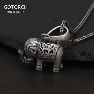 Solid 990 Fine Silver Antiqued Elephant Pendant Necklace for Men Women Punk Retro 925 Sterling Silver Chain Necklace Y2k Jewelry - GQTORCH Jewelry