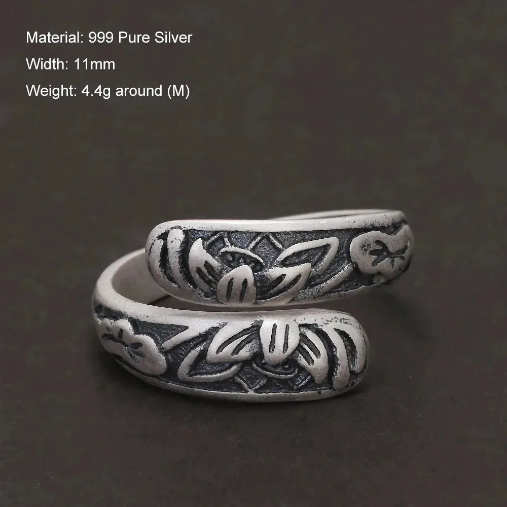 999 Pure Silver Retro Lotus Open Ring for Women Vintage Thai Silver Color Double Layer Adjustable Ethnic Female Jewelry Gift