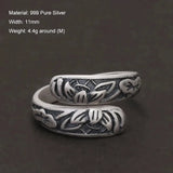 999 Pure Silver Retro Lotus Open Ring for Women Vintage Thai Silver Color Double Layer Adjustable Ethnic Female Jewelry Gift