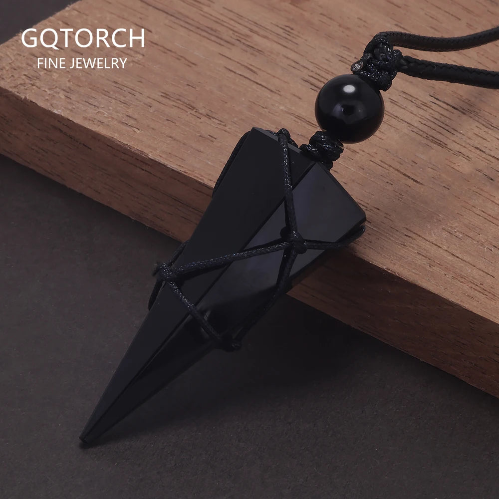 Natural Stone Geometric Pendant Necklace for Men Black Obsidian Blue Sandstone Adjusted Leather Rope Retro Vintage Jewelry
