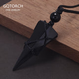 Natural Stone Geometric Pendant Necklace for Men Black Obsidian Blue Sandstone Adjusted Leather Rope Retro Vintage Jewelry