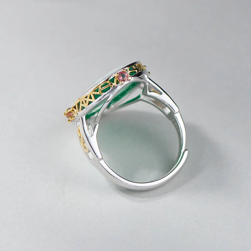 S925 Sterling Silver Natural Gemstone Jewelry Green Onyx Goddess Cameo Ring Gold Color Oval Statement Rings for Ladies