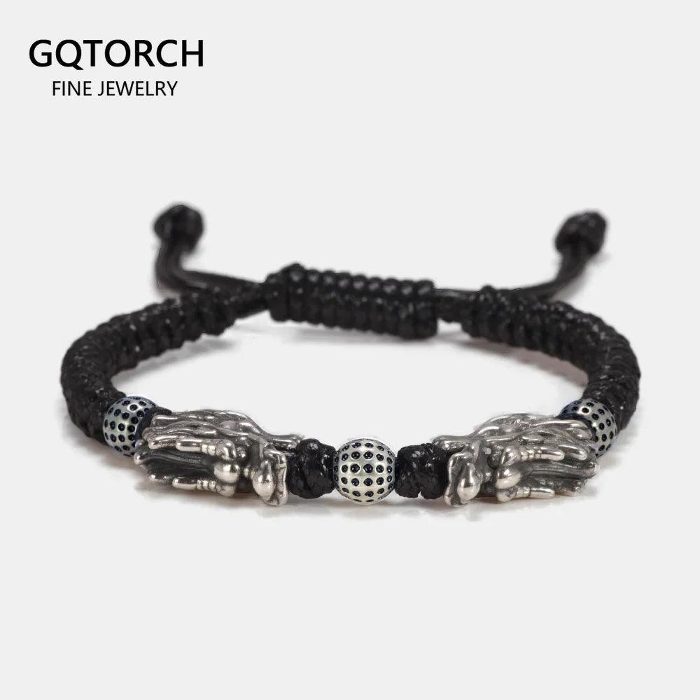 Sterling Silver 999 3D Double Dragon Head Bracelet for Men and Women Pure Handwoven Lucky Rope Bracelet Chinese Knot Jewelry - GQTORCH Jewelry