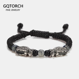 Sterling Silver 999 3D Double Dragon Head Bracelet for Men and Women Pure Handwoven Lucky Rope Bracelet Chinese Knot Jewelry - GQTORCH Jewelry