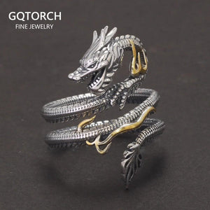 Real Solid 925 Silver Animal Dragon Ring Vintage Men's Opening Size Adjustable Personalized Men's Zodiac Jewelry - GQTORCH Jewelry