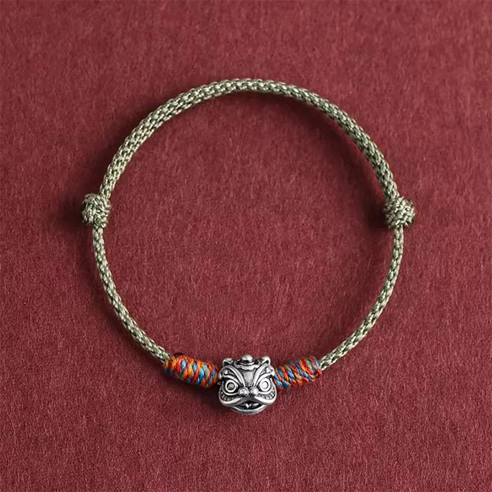 S999 Sterling Silver Lion Handmade Braid Rope Colorful Bracelet for Men and Women Good Luck Retro Animal Jewelry Gift - GQTORCH Jewelry