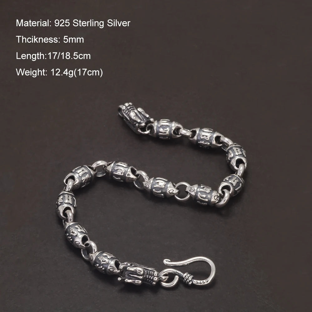 Solid 925 Silver Dragon Heads Six-words Bracelet for Men Women Mantra Beaded Chain Retro Punk Style Unisex Jewelry