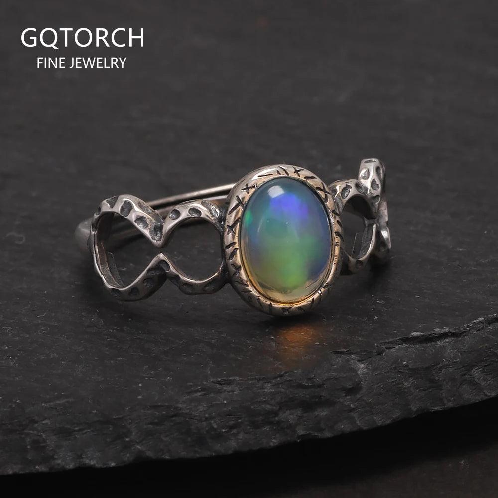 Womens Oval Opal Ring Sterling Silver 925 Retro Style Fulu Gourd Open Rings Light Weight Stackable Fashionable Jewelry - GQTORCH Jewelry