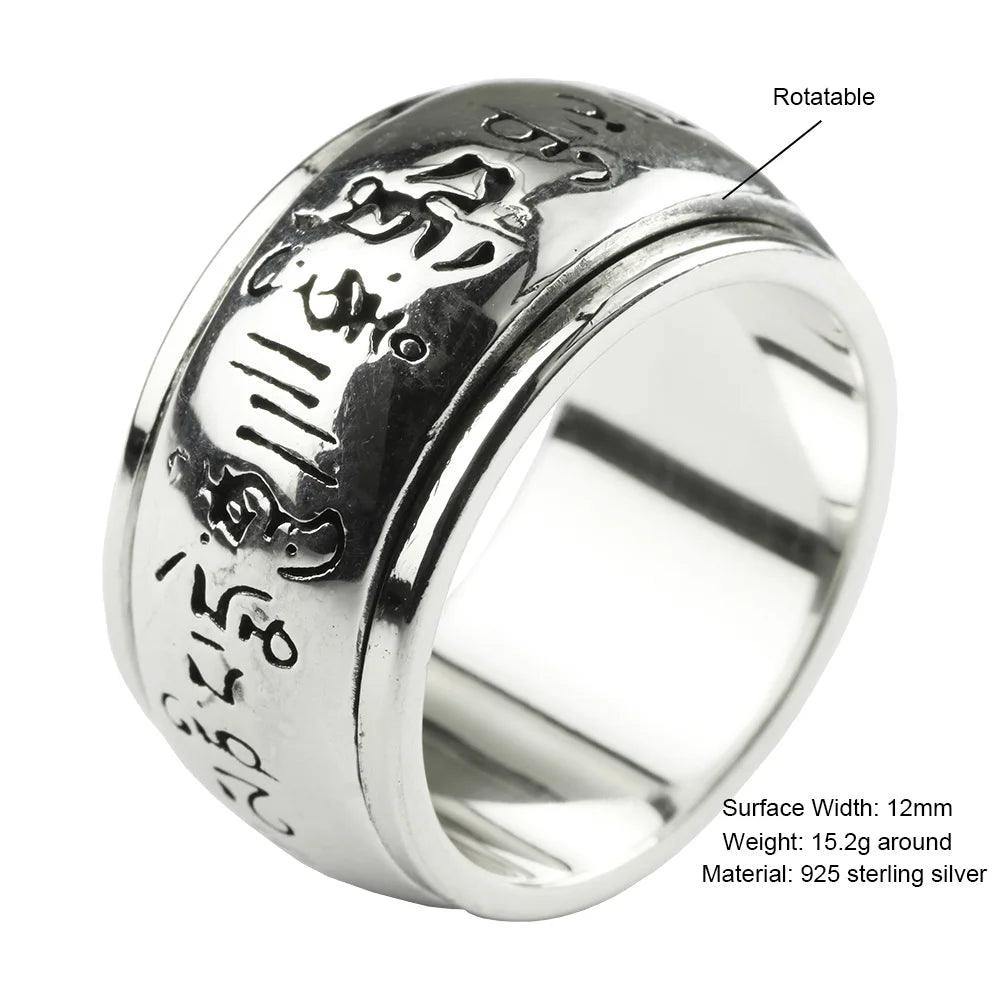 Real 990 Sterling Silver Mantra Rings Rotatable Shifting Lucky Tibetan Six Words Om Mani Padme Hum Buddha Ring For Men And Women - GQTORCH Jewelry